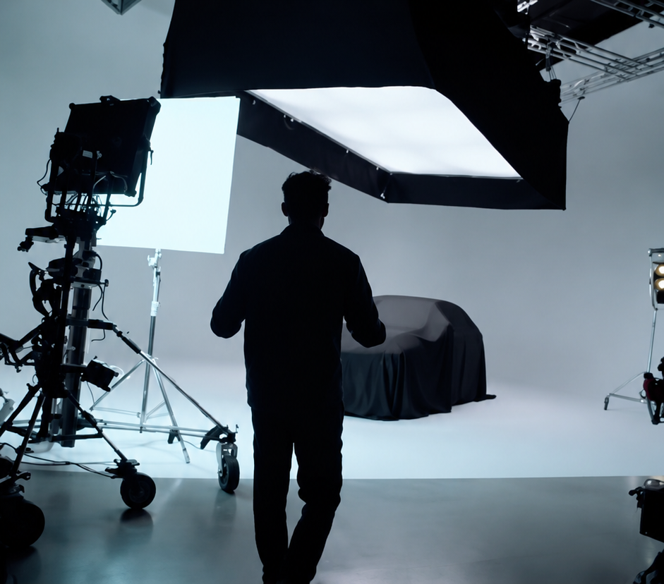 Silhouette in a film studio with a covered car